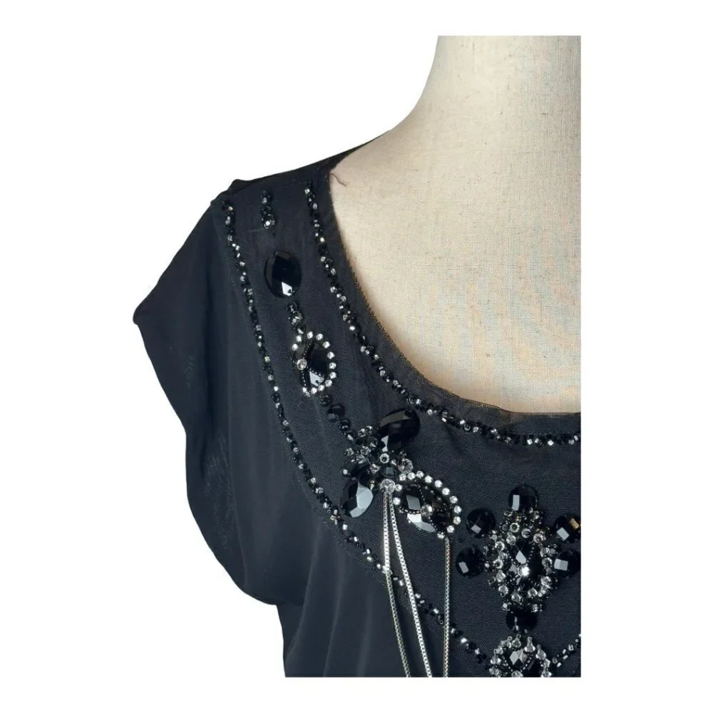 Alice + Olivia Black Beaded Jeweled Scoop‎ Neck Short Sleeve Mini Dress Size S